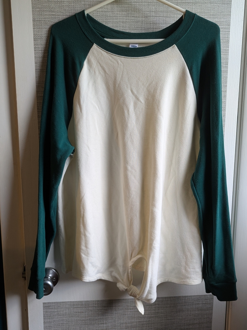 Cream Front-Tie Sweater with Dark Green Raglan Sleeves